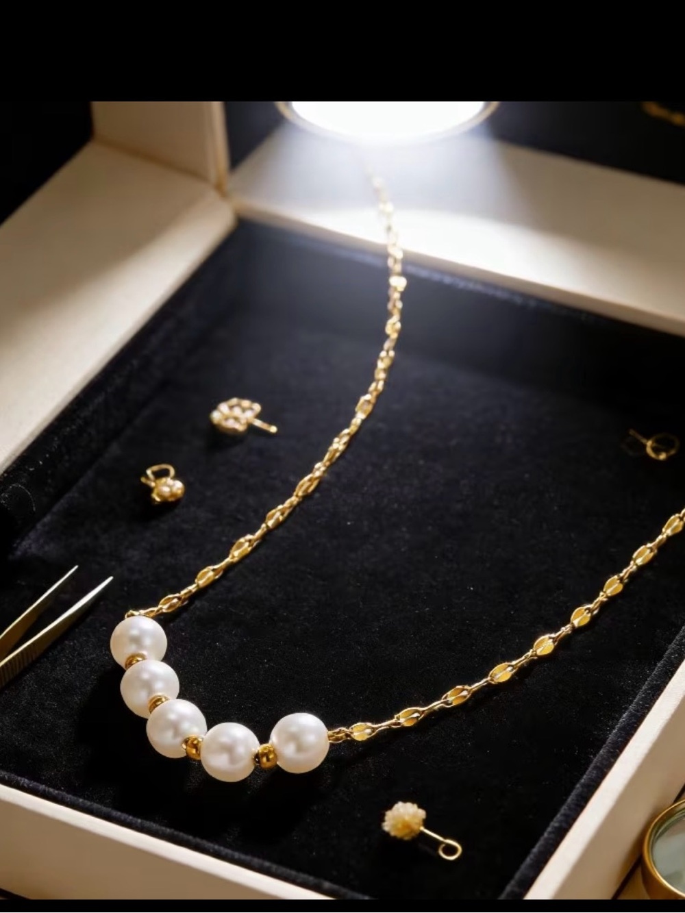 Gold plated Pearl Station Necklace with White Pearls